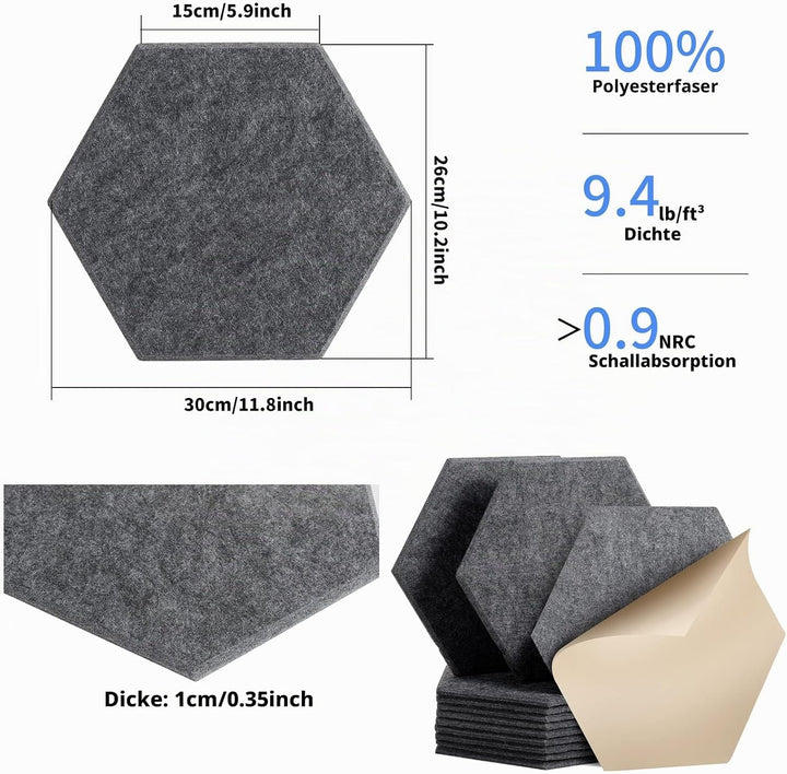 Rdutuok 12 Stück Selbstklebend Akustik Panel,30x26x1cm Hexagon Akustik Absorber Schallschutzplatten