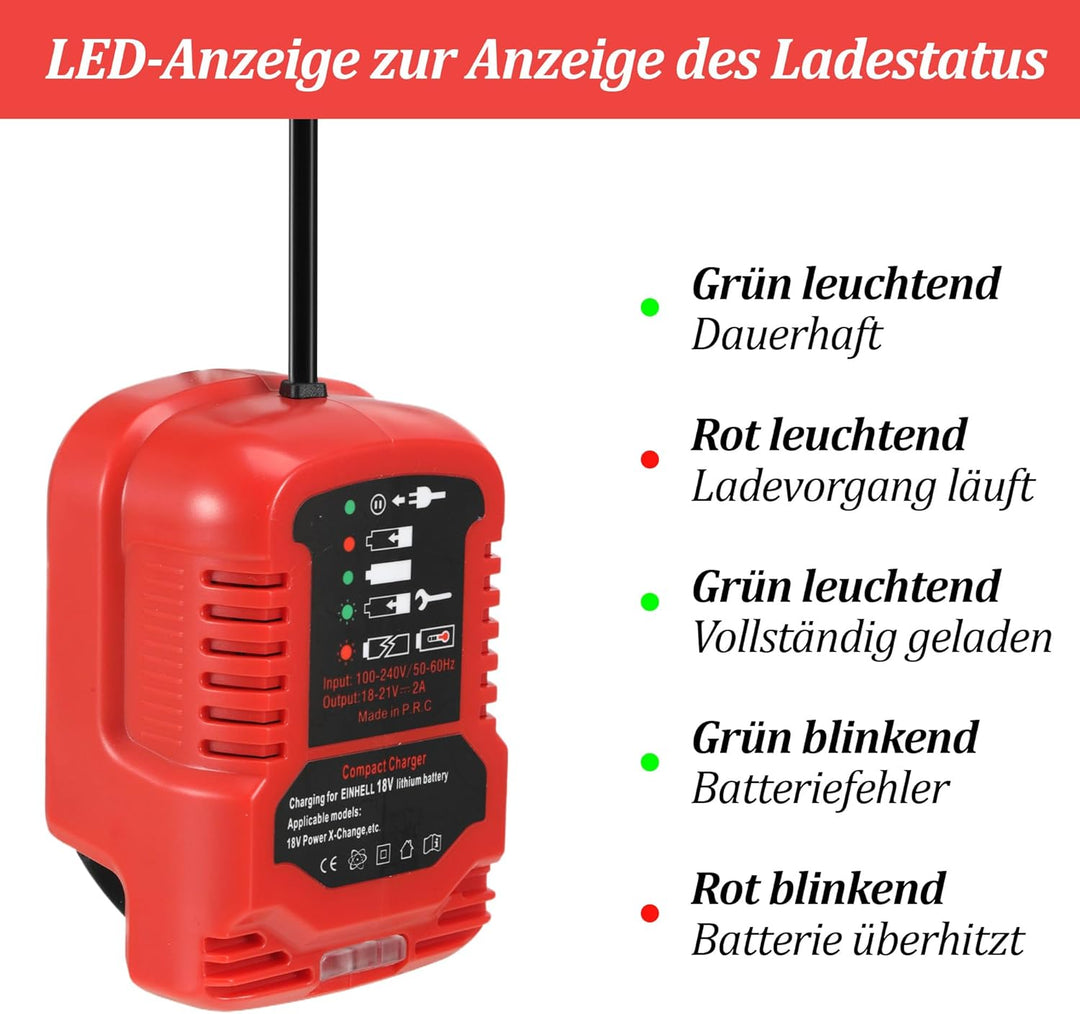 Ladegerät für Einhell 18V Power X-Change Akku, Tragbares Mini Schnellladegerät mit LED Anzeige für E