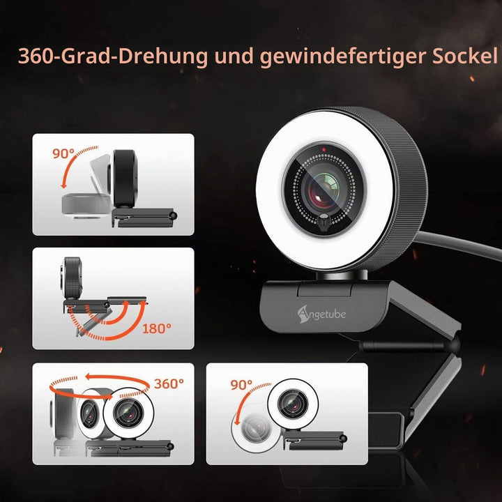 Angetube Streaming HD Webcam 1080P mit Lichtring, 967 USB PC Autofokus Webcam mit dualem Mikrofon, V