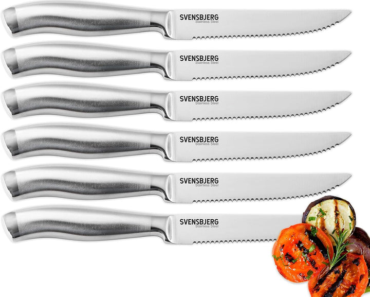 Svensbjerg Steakmesser-Set, Wellenschliff, Edelstahl Steakmesser, Pizzamesser, Grillmesser, 6-teilig