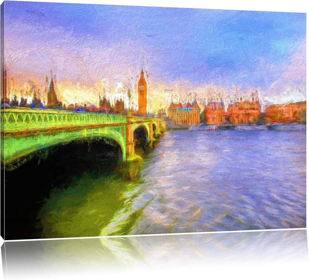 Pixxprint Big Ben mit Brücke in London Bunstift Effekt, Format: 100x70 auf Leinwand, XXL riesige Bil