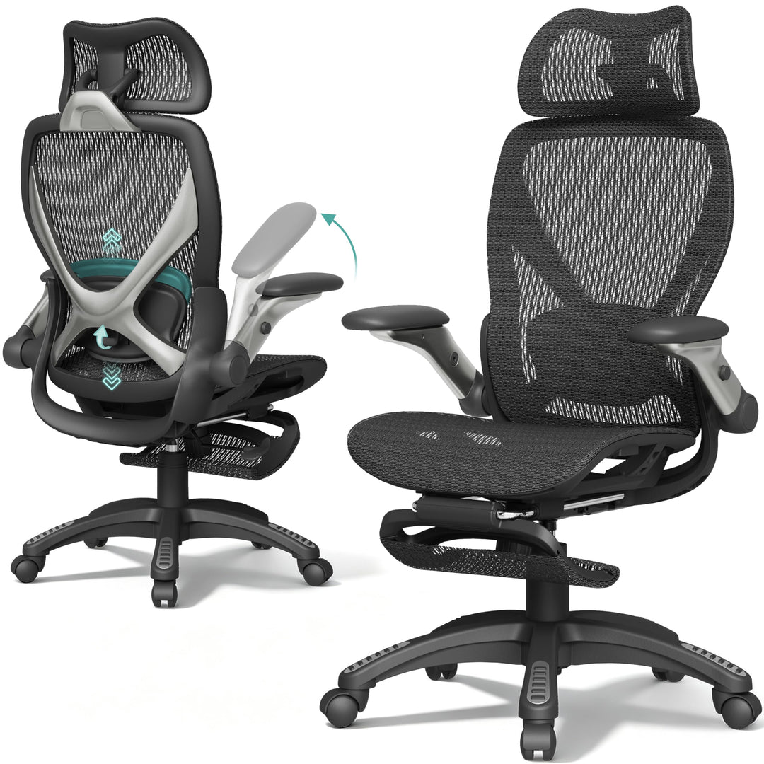 ELABEST X100 Ergonomischer Mesh-Bürostuhl mit Hoher Rückenlehne &amp; Fussstütze | 3D-Lordosenstütze, 12