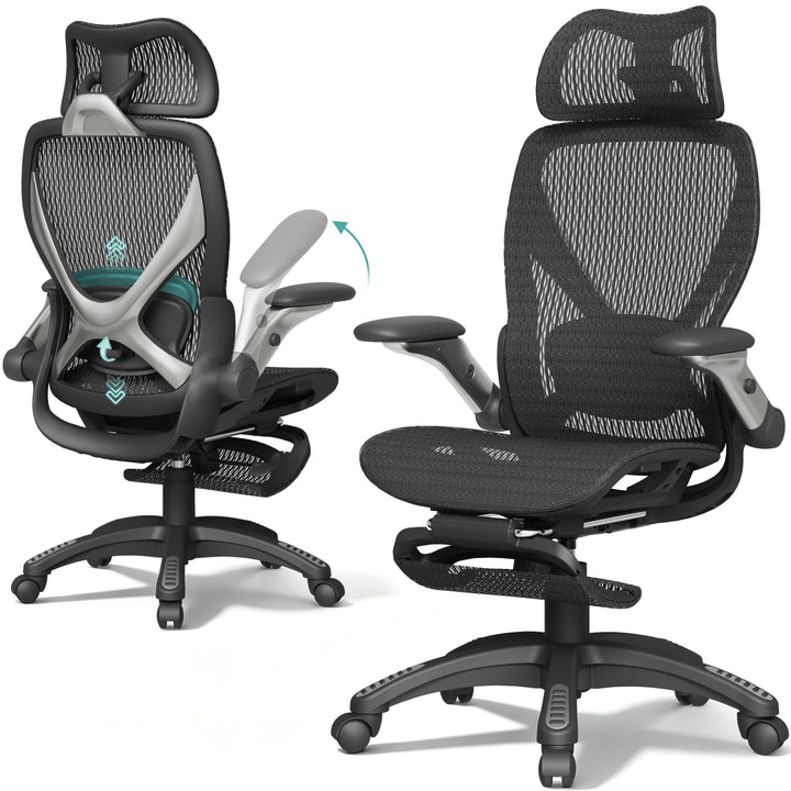 ELABEST X100 Ergonomischer Mesh-Bürostuhl mit Hoher Rückenlehne &amp; Fussstütze | 3D-Lordosenstütze, 12