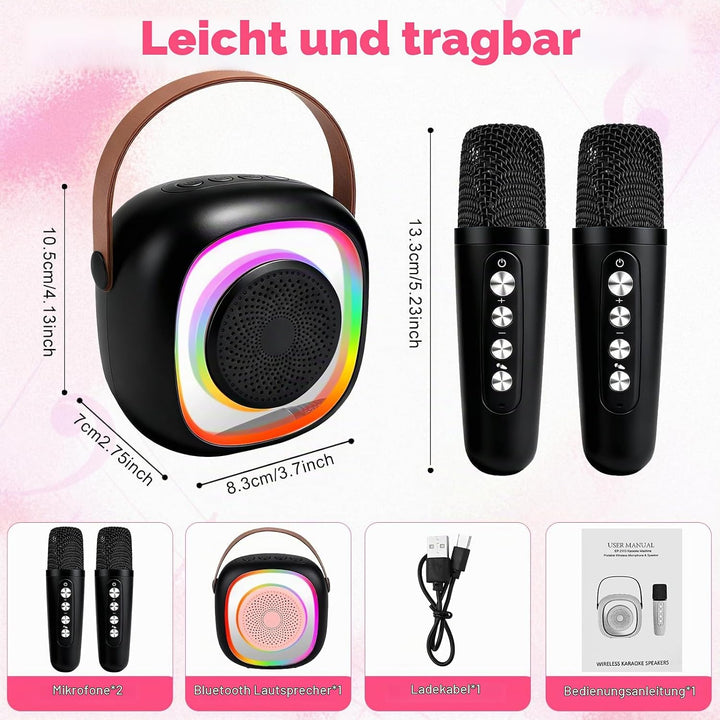 Karaoke Maschine für Kinder Erwachsene, Bluetooth Karaoke Lautsprecher mit 2 Kabellosen Mikrofon, Mi