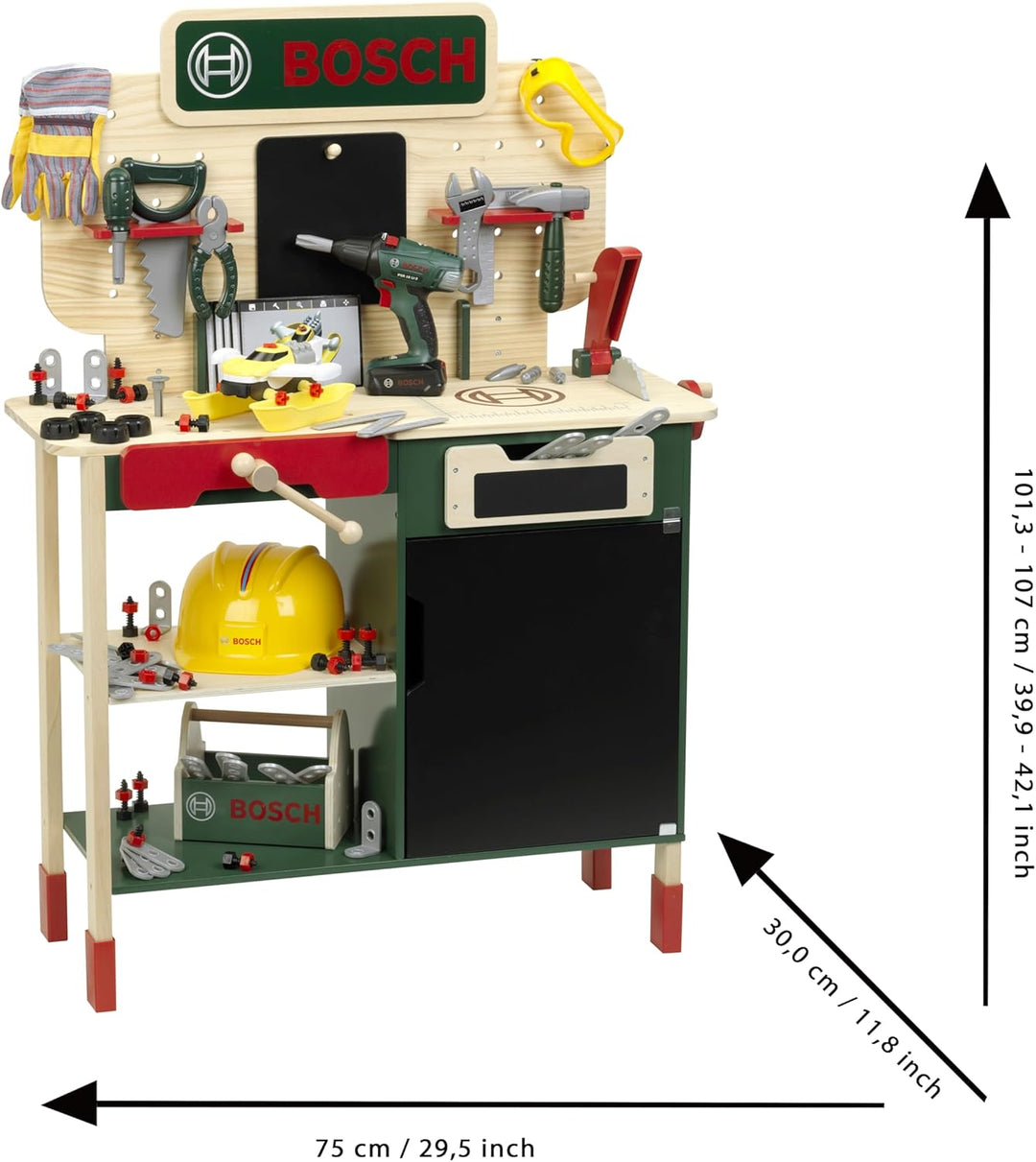 Theo Klein 8734 Bosch Holzwerkbank I Robuste Kinderwerkbank, höhenverstellbar I Elektr. Akkuschraube