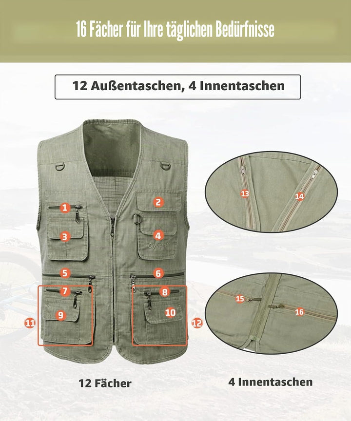 Btmpmcs Herren Outdoor Anglerweste mit vielen praktischen Taschen Sommer Atmungsaktiv Multifunktions
