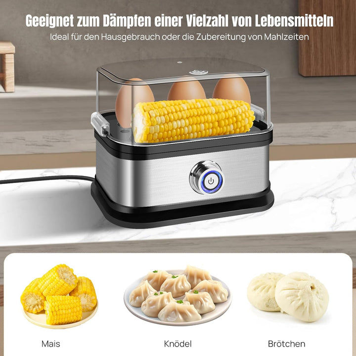 Multifunktions Eierkocher für 6 Eier, 400W Elektrischer Dampfgarer für Reis, Gemüse, Brötchen, Autom