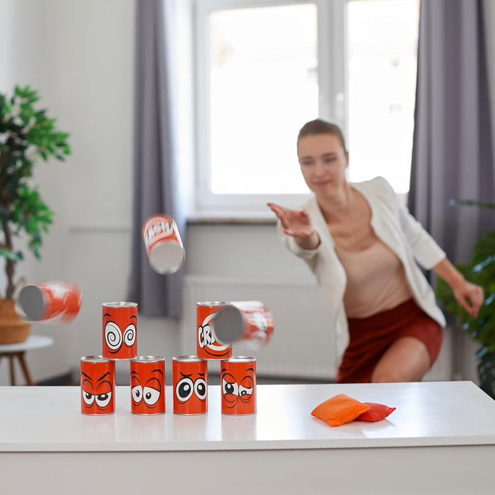 Relaxdays Dosenwerfen für Kinder, Büchsenwerfen Garten, 10 Blechdosen & 3 Säcke, Wurfspiel für Kinde