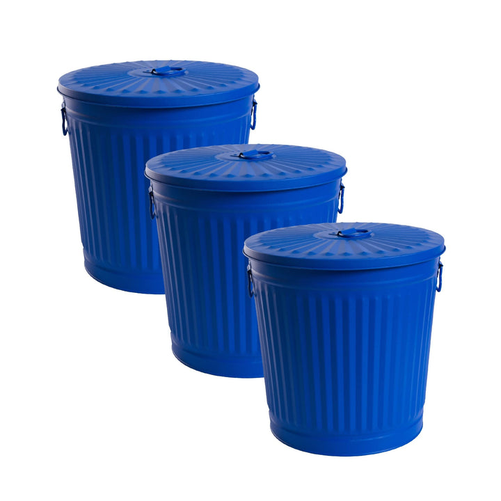 Jinfa 3 Sets Retrodesign Mülleimer mit Deckel | Blau | Ø 21,5 cm, Höhe 21,5 cm, 7 Liter 3 Stück - 7