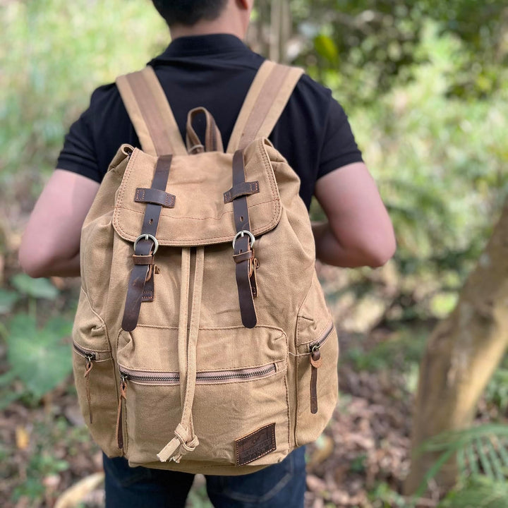 Retro Segeltuch Rucksack, Canvas Vintage Rucksack Laptop Daypack Schulrucksack Reisetasche Lederruck