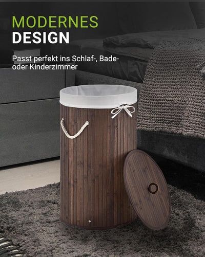 Juskys Bambus Wäschekorb Curly-Round Braun 55L - Hygienischer & Faltbarer Wäschekorb mit Deckel, Tra