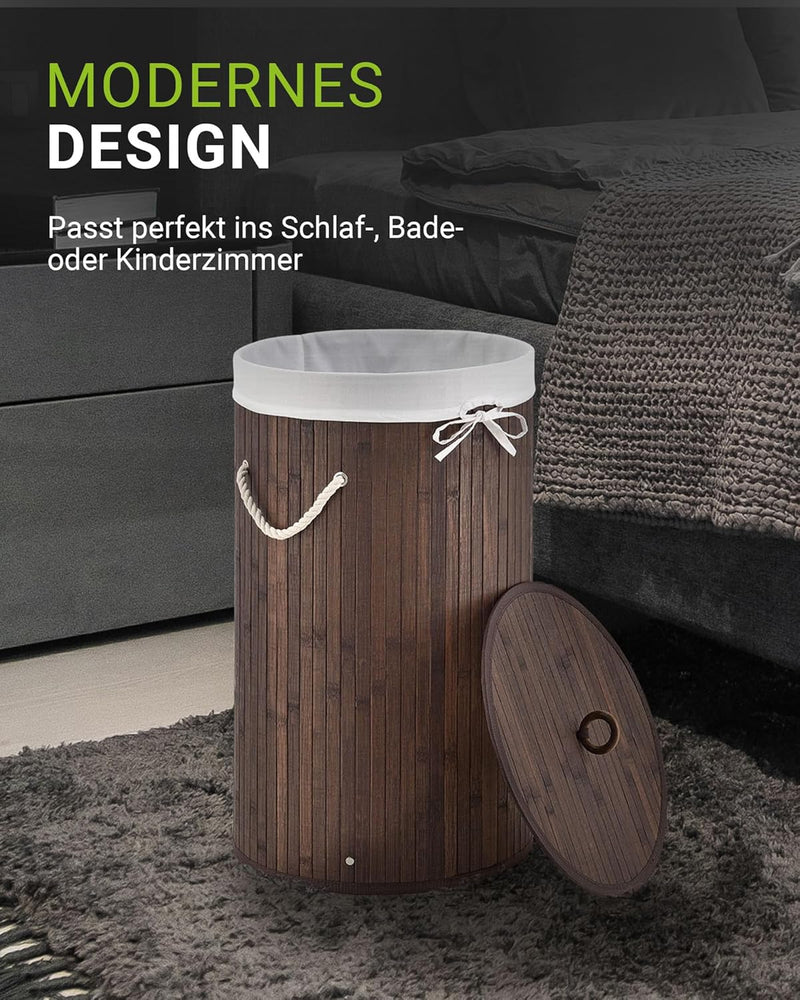 Juskys Bambus Wäschekorb Curly-Round Braun 55L - Hygienischer & Faltbarer Wäschekorb mit Deckel, Tra