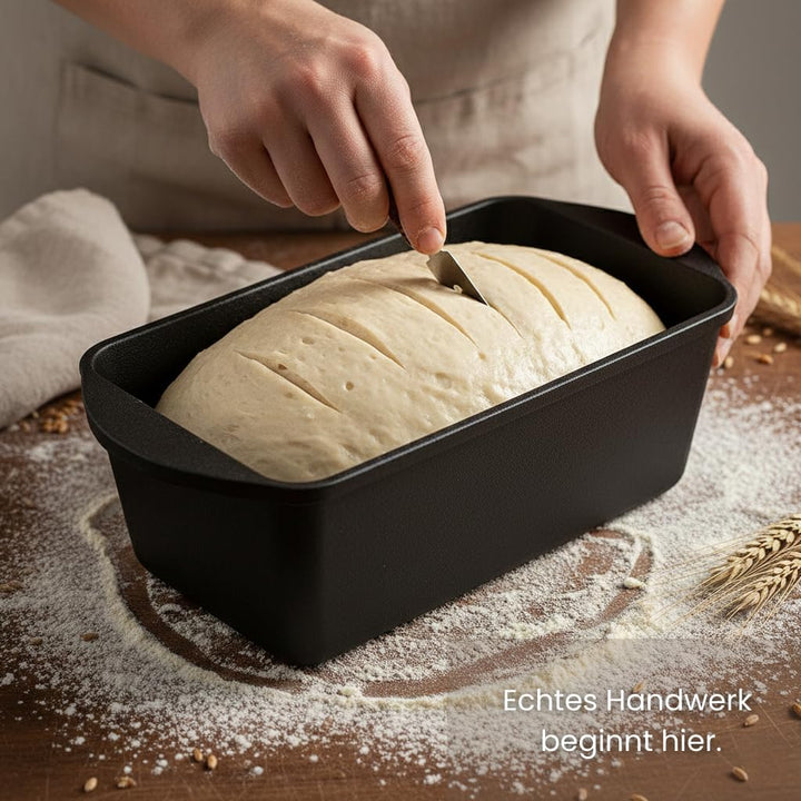 Xenia 28cm Brotbackform aus Gusseisen mit Deckel und Silikongriffen–ofenfest, mit pflanzlichem Öl–Ka