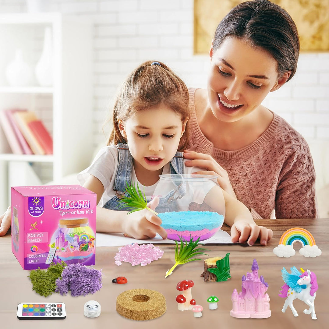 Einhorn Terrarium für Mädchen, Bastelset mit Fernbedienung und bunten Lichtern, Nachtlicht für Gebur