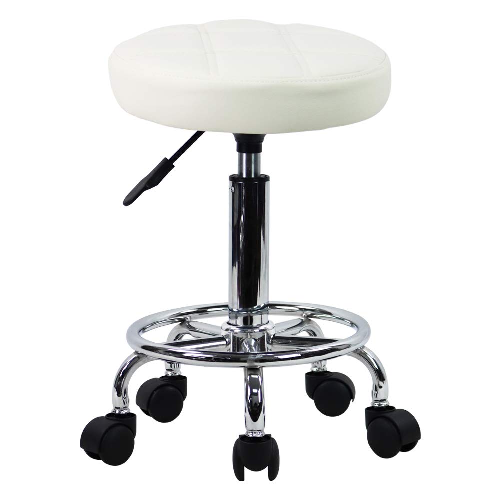 KKTONER Rollhocker Arbeitshocker Barhocker höhenverstellbar 49-64cm drehbar aus Kunstleder Weiss, We