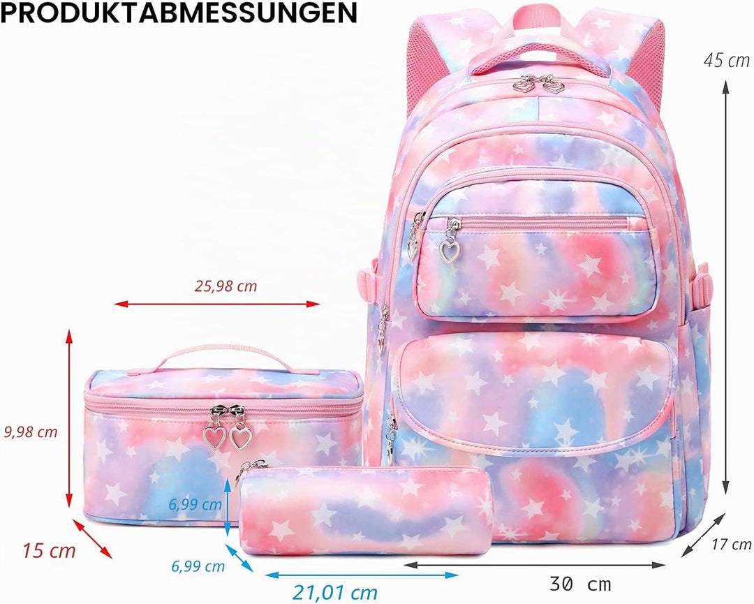 SIVENKE 3 Set Schultasche Sternendruck Wasserdicht Schulrucksack mit Lunchbox-Tasche & Federmäppchen