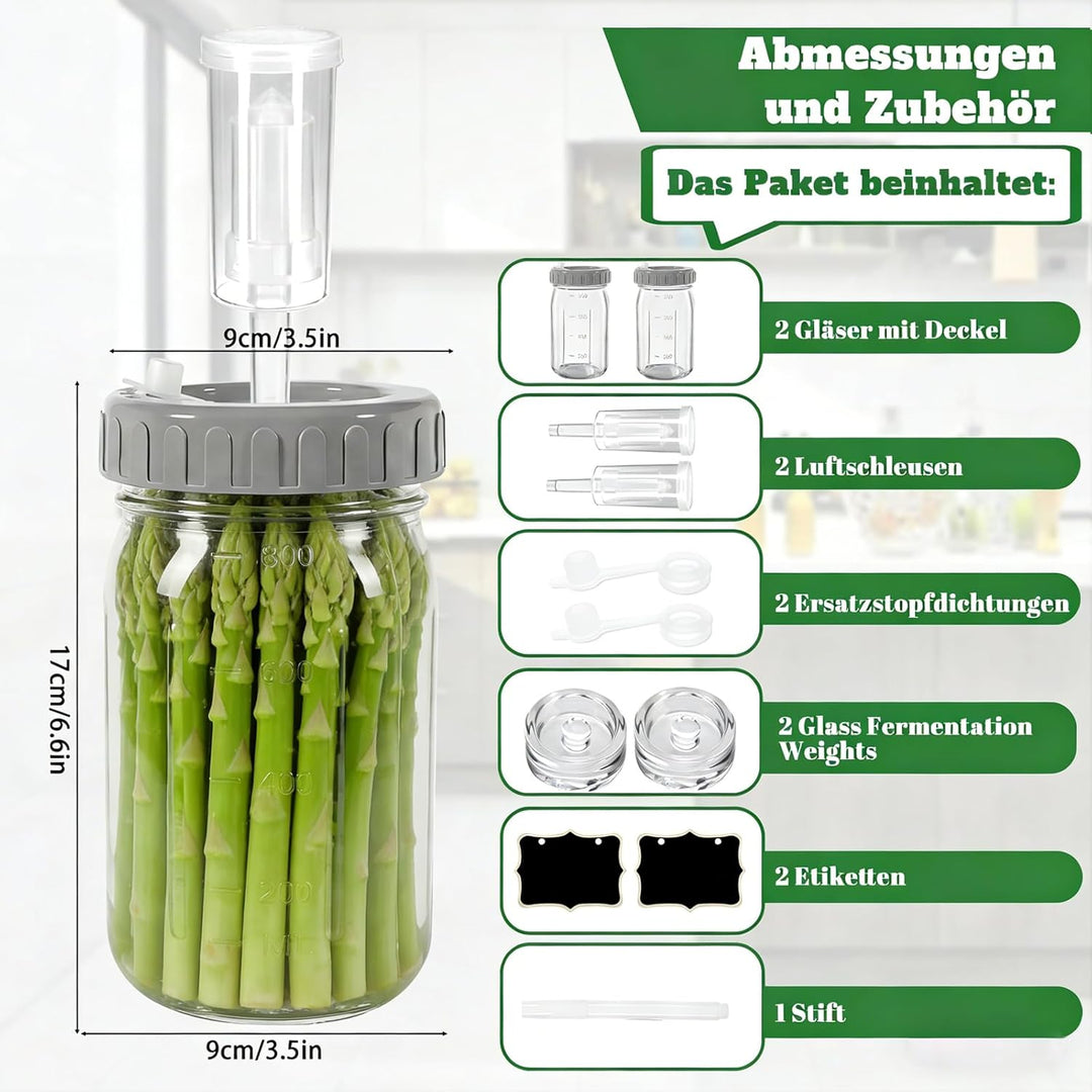 2 Stück Fermentierglas,1L Breiter Mund Fermentiergläser, Fermentiergläser mit Luftschlössern& Gewich