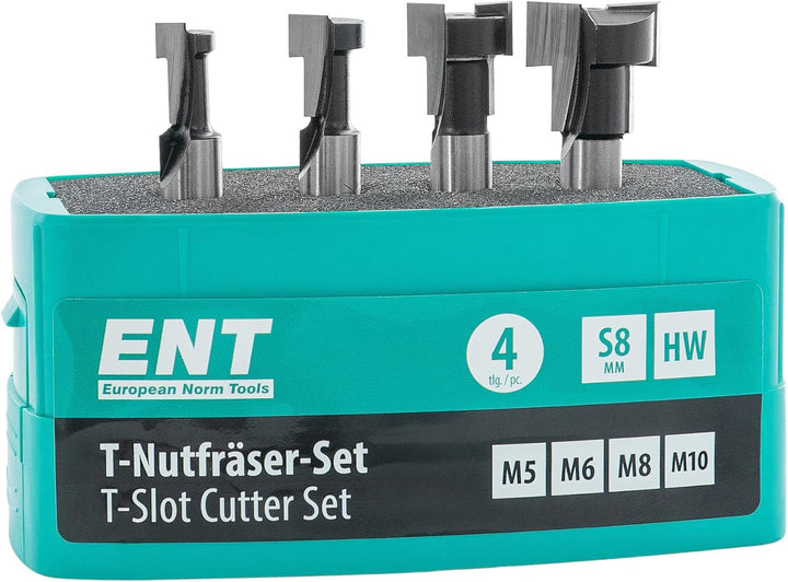 ENT 09045 4-tlg. T-Nutfräser-Set M5 M6 M8 M10, Schaft 8 mm, in Hartmetall, für Sechskantschrauben mi