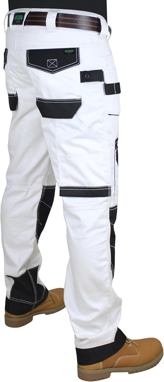 HASHOOB Herren Arbeitshose Maler Dekorateure Weisse Cargohose Pants Weiss-6 38W / 34L, Wei&#xDF;-6 3