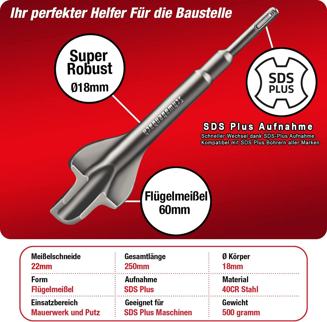 SCHWABENBACH ® Flügelmeissel SDS Plus 60 x 250mm - Ideal zum Kabelkanäle ziehen und Verteiler- / Ste