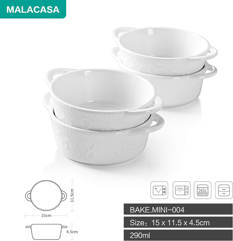 MALACASA, Serie Bake, 4 Stück Auflaufformen, rund, klein, weiss, 15 x 11,5 x 4,5 cm, 290 ml, Mini-Te