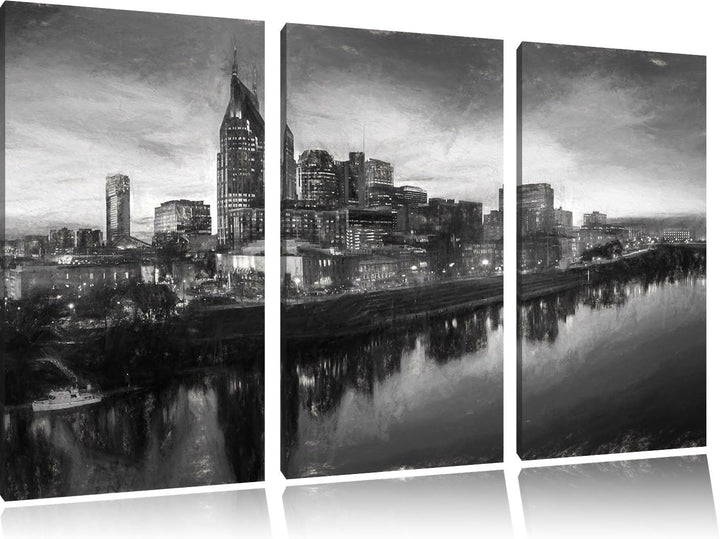 Pixxprint Nashville Skyline Panorama Kunst Kohle Effekt 3-Teiler Leinwandbild 120x80 Bild auf Leinwa