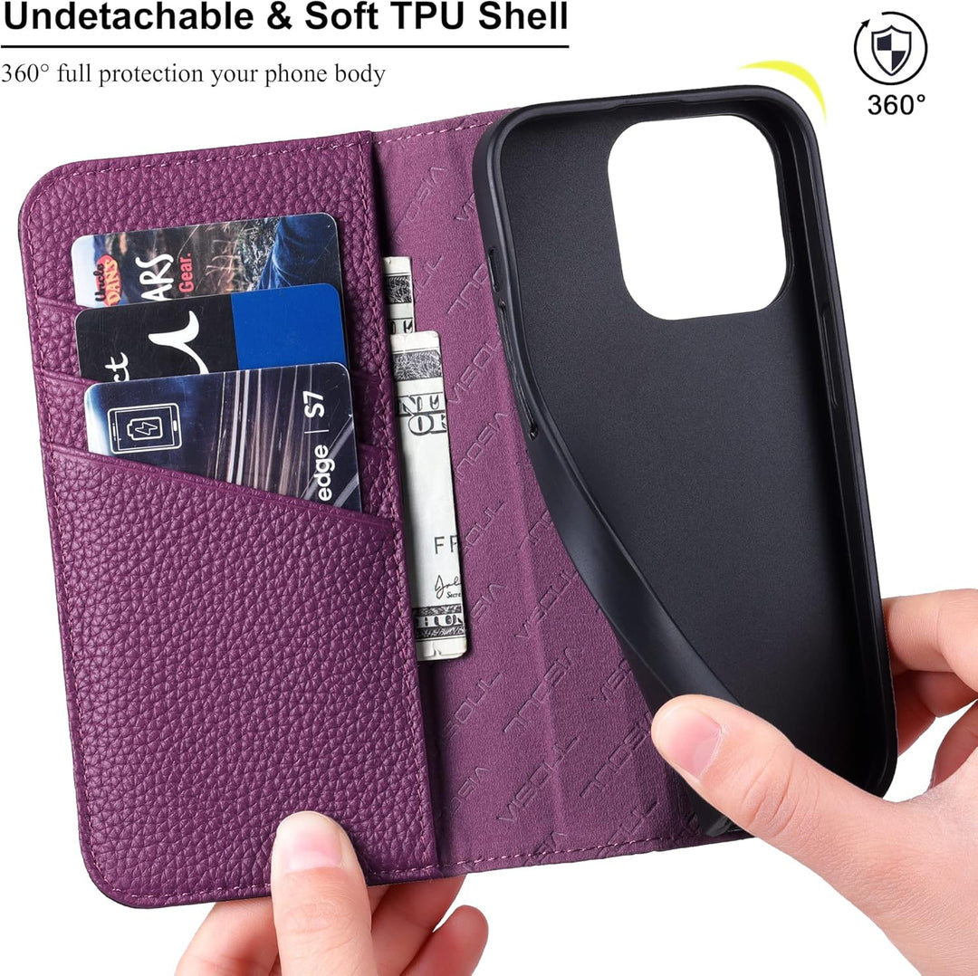 VISOUL Hülle für iPhone 13 Pro, Schutzhülle [Echt Leder] [Schützt vor Stoss] [Kartenfach] [Magnetver