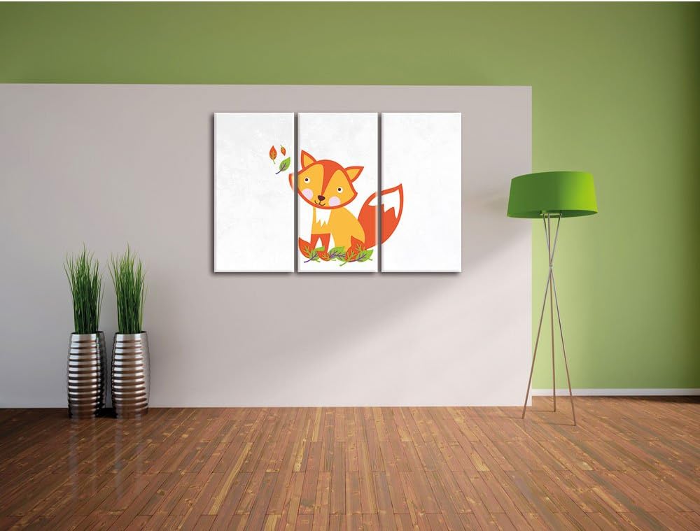 Pixxprint Niedlicher Fuchs in Laub Haufen als Leinwandbild/Grösse: 3 Teilig (120x80) cm/Wandbild/Kun