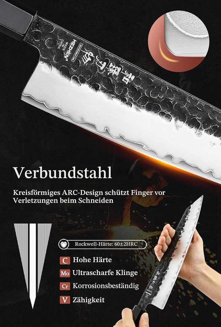 HEZHEN Kiritsuke Messer, Scharfes Kochmesser im Japanischen Stil Küchenmesser Profi, Handgeschmiedet