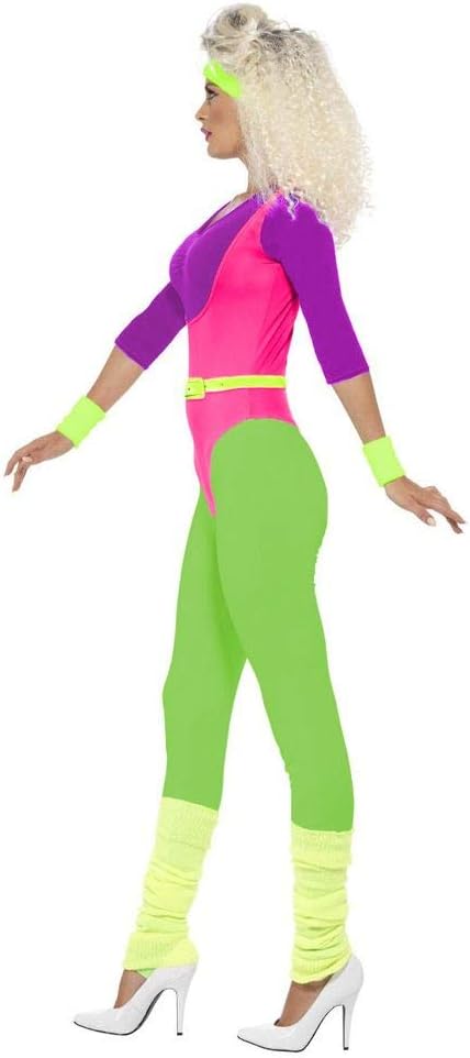 80er Jahre Neon Gymnastik-Jumpsuit Damen Aerobic-Anzug Kostüm Trash Bad Taste Sport Work Out, Grösse