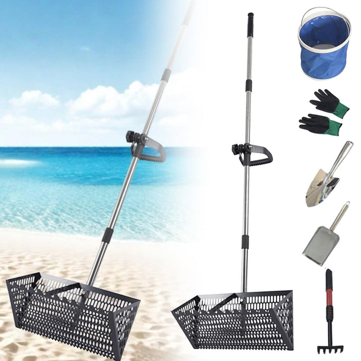 Sand Flohrechen Set, Edelstahl Strand Sandsieb mit 15,8 Zoll Haifischzahn, breiter Korb, Kohlenstoff