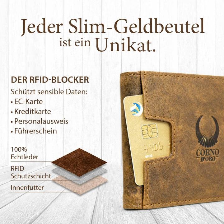 Corno d´Oro Handmade Portmonee Herren Leder mit Geldklammer I Mini Slim Wallet mit RFID Schutz I Kle