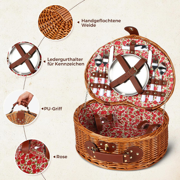Picknickkorb-Set für 2 mit Kühlfach, Weinbeutel und Besteck Rose 40×28×17cm, Rose 40×28×17cm