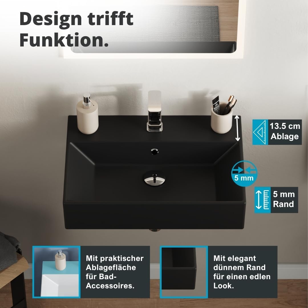 Aqua Bagno | Eckiges Design Waschbecken mit dünnem Rand, Trendfarbe schwarz matt, hochwertige Kerami
