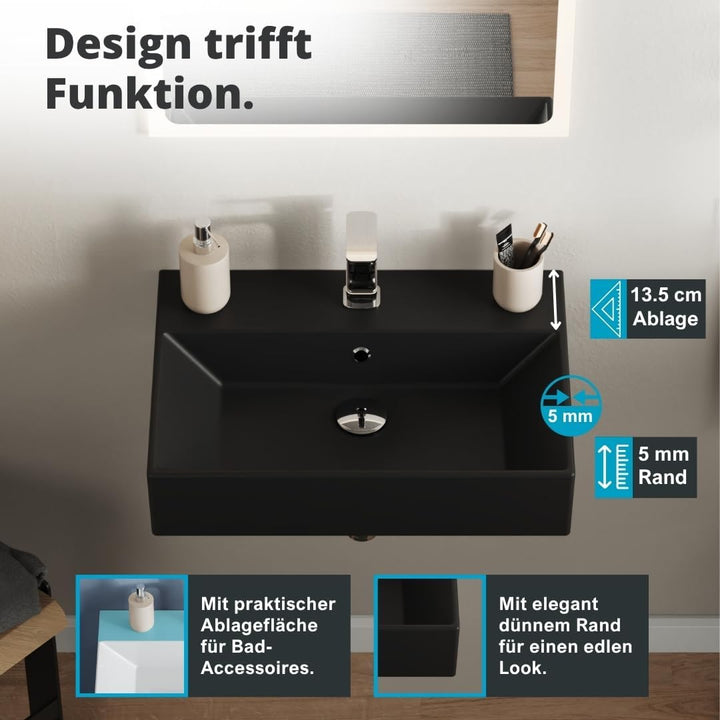 Aqua Bagno | Eckiges Design Waschbecken mit dünnem Rand, Trendfarbe schwarz matt, hochwertige Kerami