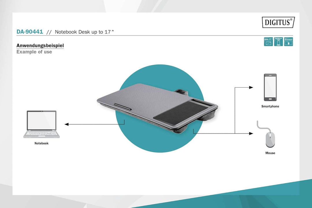 DIGITUS Notebook Kissen - mit Smartphone-Halterung - für 17" Laptops - Laptopunterlage - zum bequeme