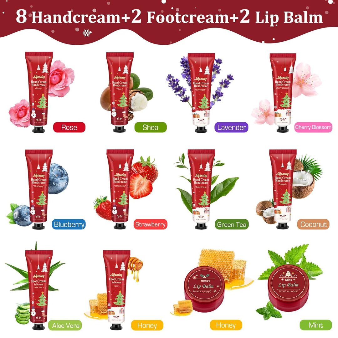 Handcreme Lippenstift Set,12pcs Mini Handcremes Fusscreme Lippenbalsam Set,Feuchtigkeitscreme Pflege