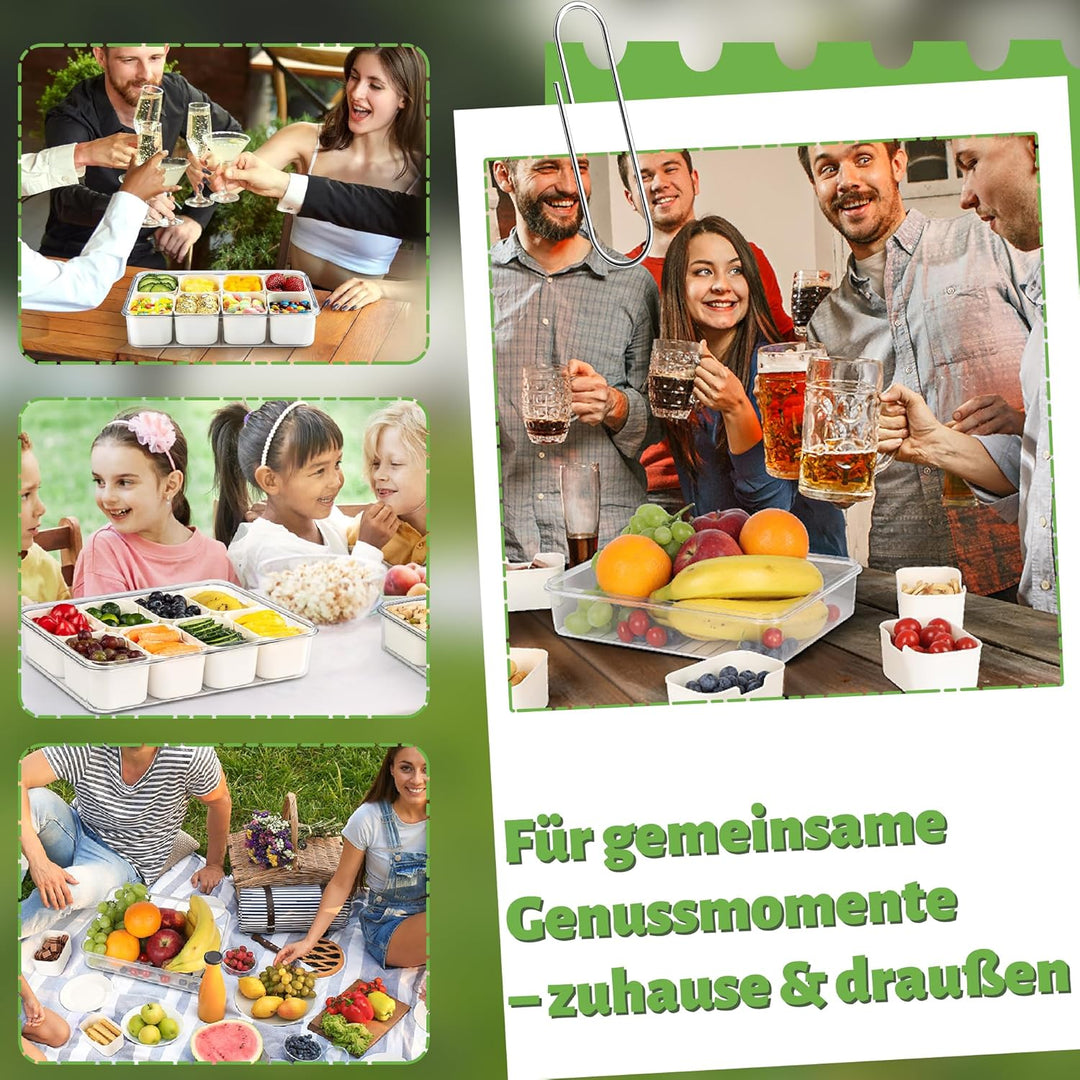 Snackbox mit 8 Fächern & Deckel - Tragbare Snackschale mit Griff, Luftdicht & Spülmaschinenfest, Sna