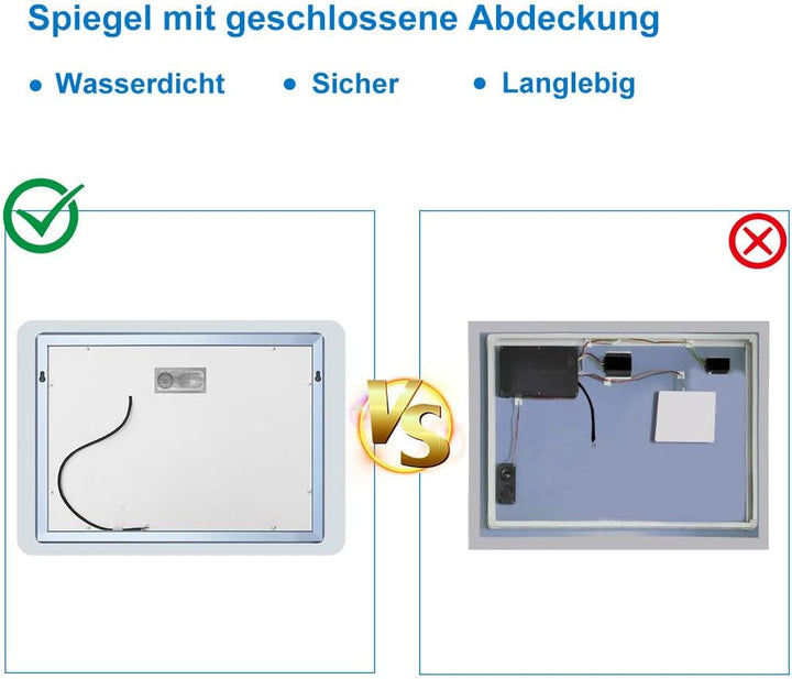 Aica Sanitär LED Badspiegel 80×60cm 2 Lichtfarbe 2700/6000K Wandspiegel mit Bluetooth, Uhr, Touch, B
