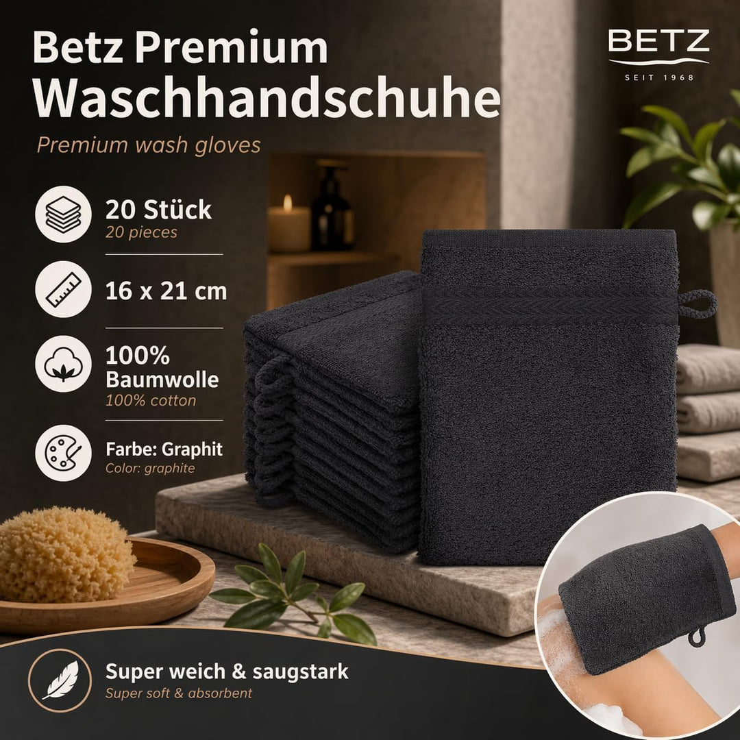 Betz 20 Stück Waschhandschuhe Waschlappen Premium Grösse 16x21 cm 100% Baumwolle Farbe Graphit, Grap