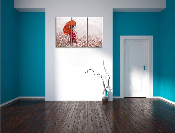 Pixxprint Geisha auf dem Feld Kunst als Leinwandbild/Grösse: 3 Teilig (120x80) cm/Wandbild/Kunstdruc