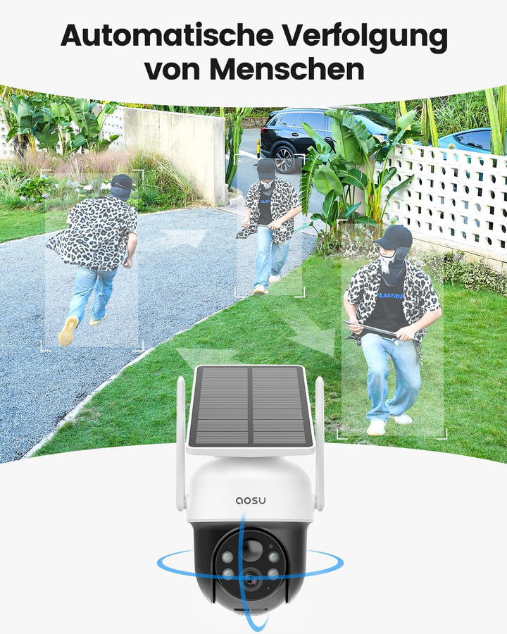 AOSU 2K überwachungskamera Aussen Akku Solar, Kamera Outdoor mit Installationsfreie Solarpanel, 360