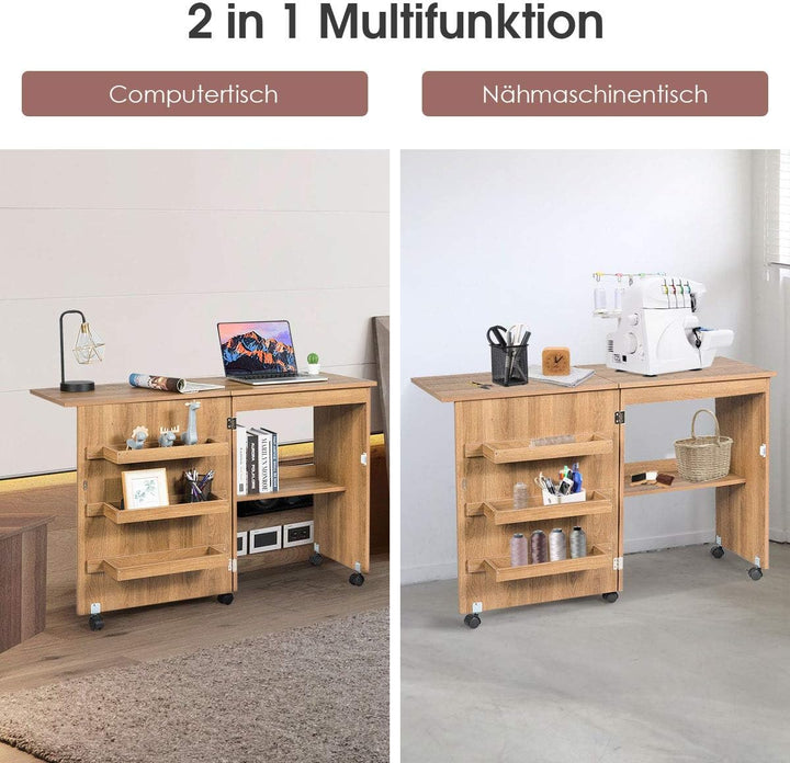 GOPLUS Nähtisch Faltbar, Nähmaschinentisch auf Rollen, Nähschrank Nähmaschinenschrank Computertisch