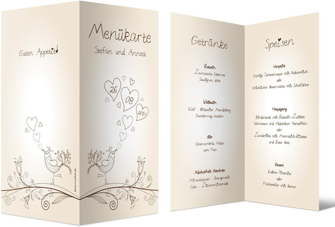 Menükarten Hochzeit Personalisiert mit eigenem Text, Speisekarte und Getränkekarte (50 Stück, Menge