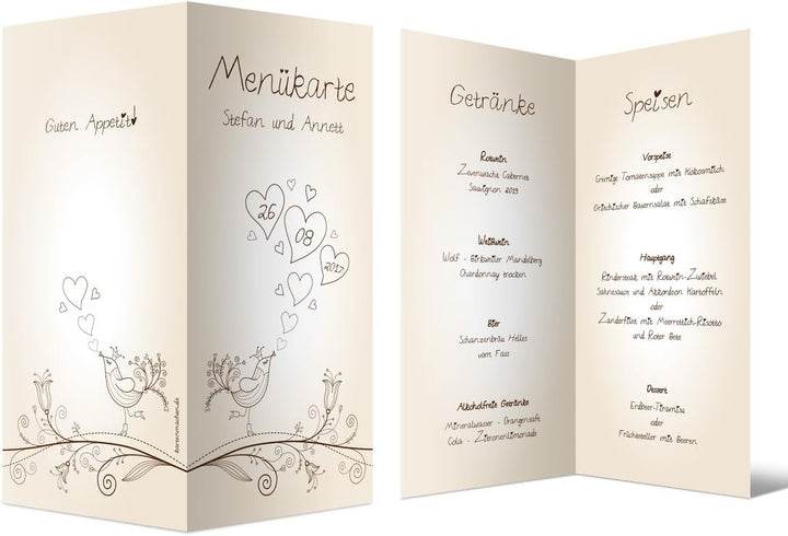 Menükarten Hochzeit Personalisiert mit eigenem Text, Speisekarte und Getränkekarte (50 Stück, Menge