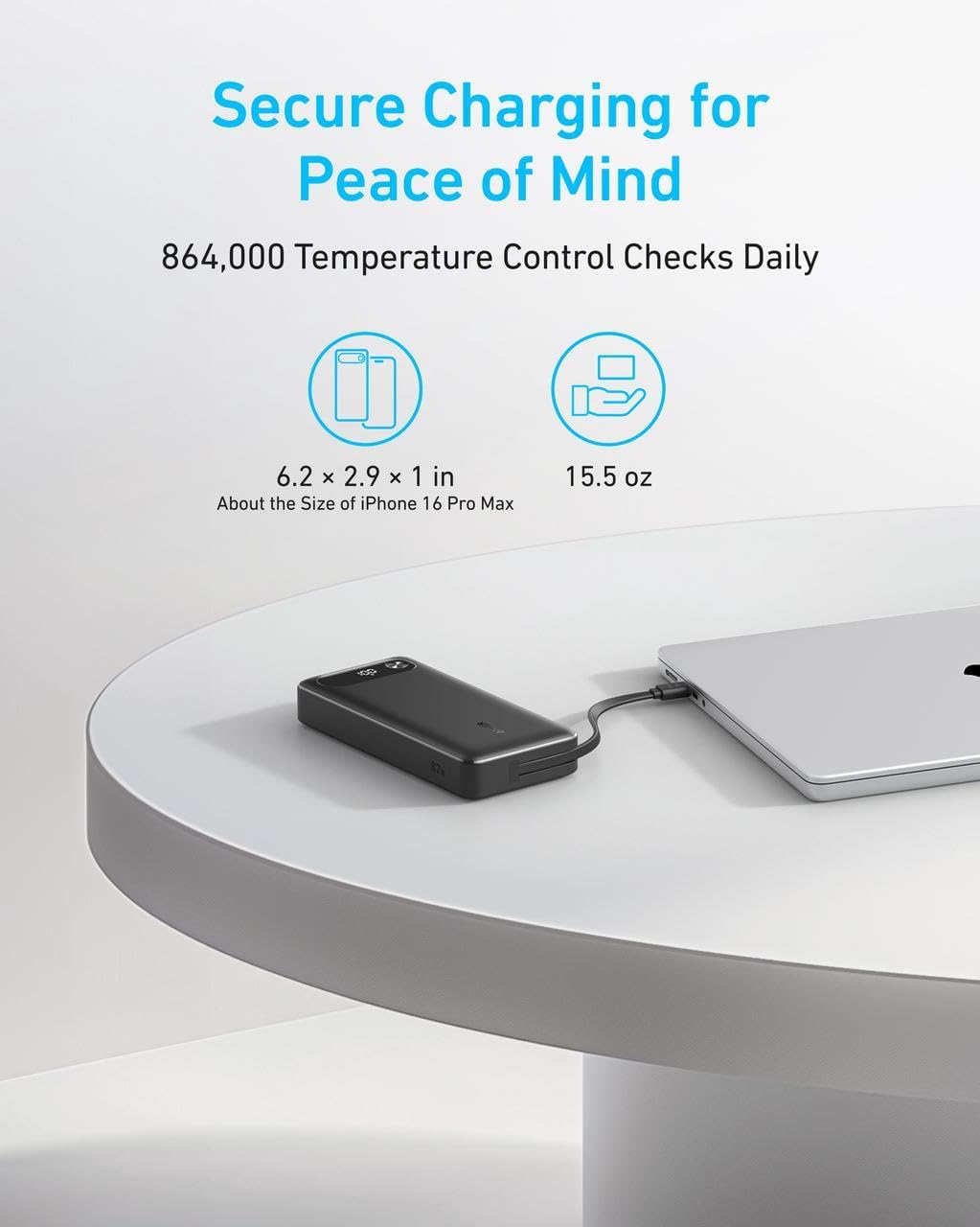 Anker Powerbank, 20.000mAh tragbares Ladegerät mit integriertem USB-C-Kabel, 87W Max Schnelllade-Akk