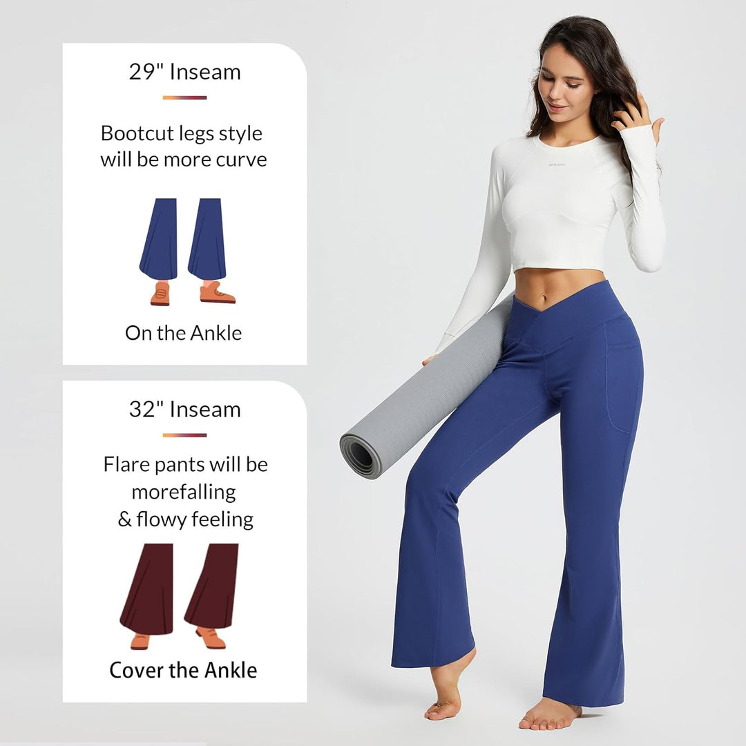 baleaf Damen Yogahose mit Taschen Schlaghose Stoff Flare Leggings Bauchkontrolle Sporthose Stretch H
