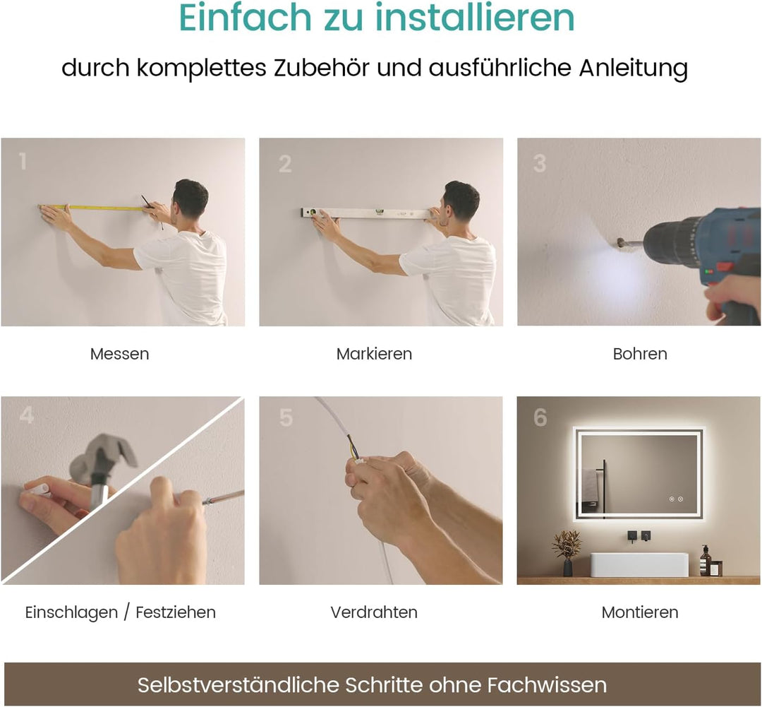 EMKE Badspiegel mit Beleuchtung 70x50cm, Badezimmerspiegel mit Touch, Antibeschlag, Kaltweiss Licht