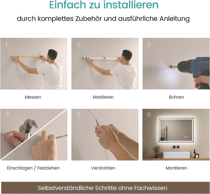 EMKE Badspiegel mit Beleuchtung 70x50cm, Badezimmerspiegel mit Touch, Antibeschlag, Kaltweiss Licht