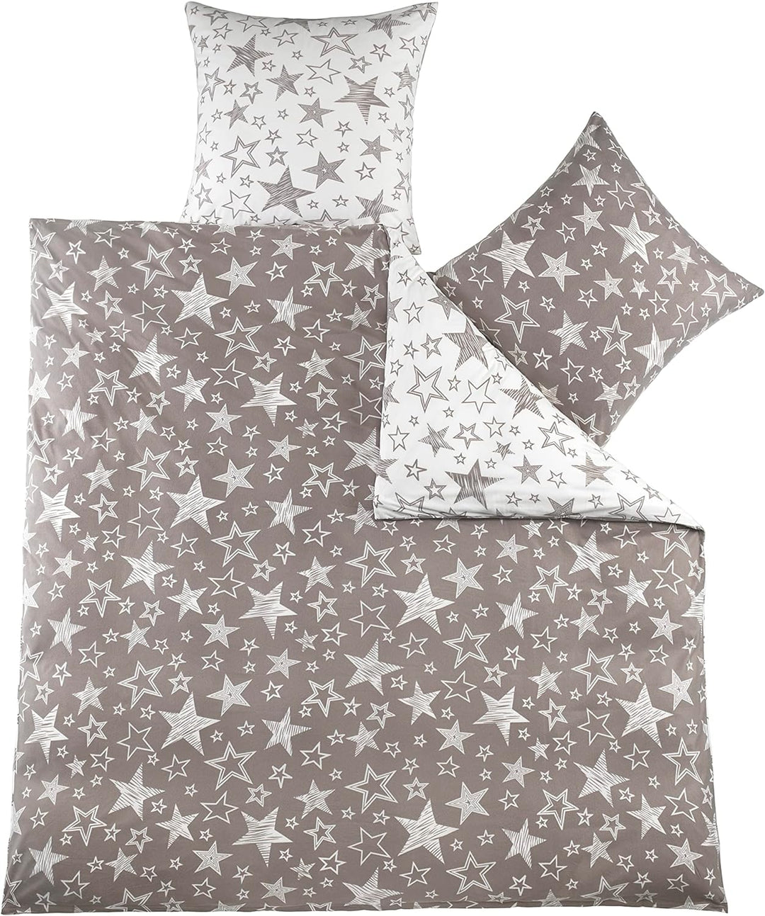 BaSaTex 200x200 Microfaser Flausch Bettwäsche Sterne grau Weiss Taupe Fleece Thermofleece Übergrösse